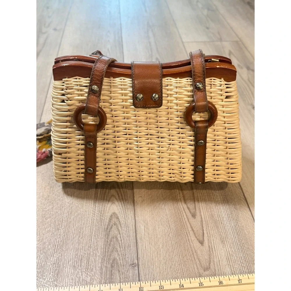 Patricia Nash Wicker Satchel Leather Trim Straw Handbag Brown Tan with Scarf